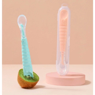 Thìa cao cấp silicol mềm + đầu nạo hình gấu dễ thương cho bé ăn dặm - Unibaby