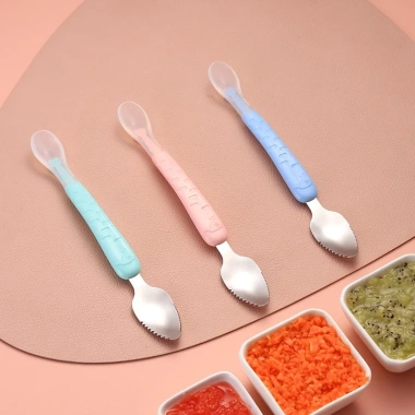 Thìa nạo hoa quả 2 đầu silicone + inox 304 cho bé ăn dặm - Uni Baby - 24,495 VND