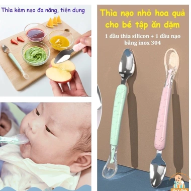 Thìa nạo hoa quả 2 đầu silicone + inox 304 cho bé ăn dặm - Uni Baby - 24,495 VND