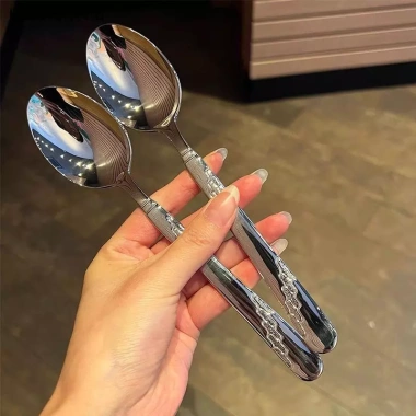 Thìa Tròn Lưới Vàng Thép Không Gỉ NS - Tay Cầm Dài, Dùng Bữa Tối, Tráng Miệng