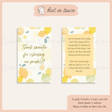 Thiệp Cảm Ơn Thank You Vàng Chanh 9x5.5cm Giấy Couche Cán Màng Mờ 2 Mặt - Giá 9.500đ