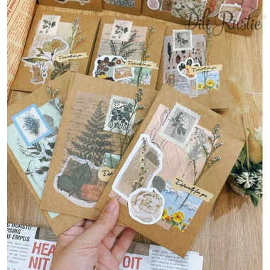 Thiệp handmade hoa khô gấp đôi kiểu Bullet Journal vintage giấy kraft cao cấp, tặng bao thư kraft - Giá ưu đãi 32.000