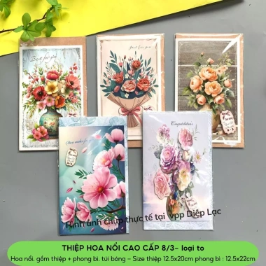 Thiệp hoa nổi 3D 8/3, kèm phong bì in họa tiết sắc nét, đa mẫu - VPP Diệp Lạc 3