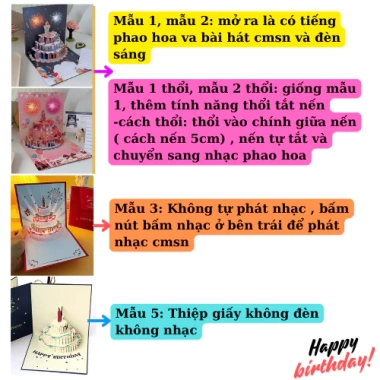 Thiệp sinh nhật âm nhạc thổi tắt nến 3D bật lên bánh, đèn tự sáng chúc mừng