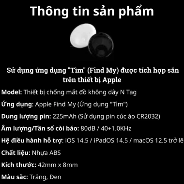 Thiết Bị Định Vị Toàn Cầu N Tag MFi - Find My, Pin 1 Năm, Tìm Khóa Xe Hành Lý Thú Cưng