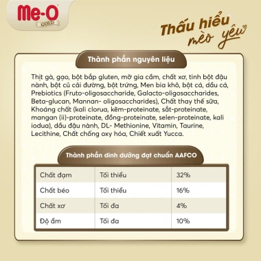 Thức ăn hạt Me-O Gold cho mèo con 400gr, dinh dưỡng cao, giảm 18% chỉ 84.600₫ 4 Thức ăn hạt Me-O Gold cho mèo con 400gr, dinh dưỡng cao, giảm 18% chỉ 84.600₫ 4