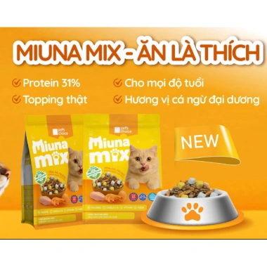 Thức ăn mèo MIUNA MIX 1kg hạt Topping thịt trứng tôm sấy khô - Giá 118.000 À petshop