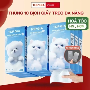 Thùng 10 bịch giấy treo đa năng TopGia – Khăn rút 4 lớp 1.000 tờ, tặng 3 móc treo, giá 169.000₫