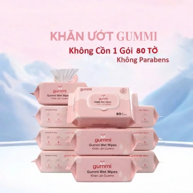 Thùng 10 gói khăn ướt Gummi 80 tờ không cồn, không parabens cho bé - 55.000 VND