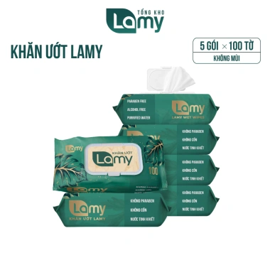 Thùng 10 gói khăn ướt Lamy 100 tờ không mùi, không parabens, cho bé – 84.000 VND