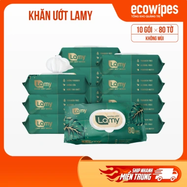 Thùng 10 gói Khăn ướt Lamy 80 chiếc không cồn, không parabens, cao cấp, 145.000₫