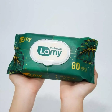 Thùng 10 gói Khăn ướt Lamy 80 chiếc không cồn, không parabens, cao cấp, 145.000₫