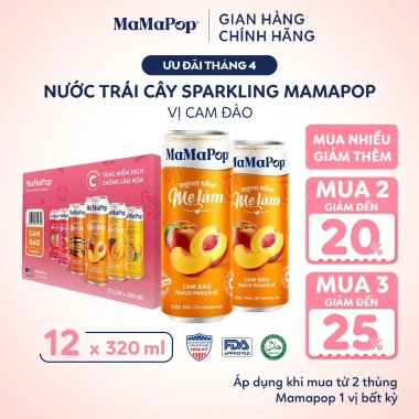 Thùng 12 lon nước trái cây sparkling MaMaPop Cam Đào 320ml Vitamin C, giá 299.000đ