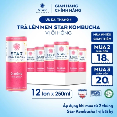 Thùng 12 lon trà STAR KOMBUCHA Ổi Hồng 250ml - Hữu cơ probiotic, tiêu hoá tốt, giảm giá 440k