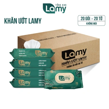 Thùng 20 gói khăn ướt Lamy cao cấp cho bé 20 tờ, không cồn, không parabens, giá ưu đãi 104.000 VND
