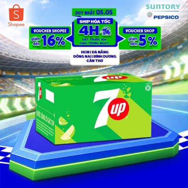Thùng 24 chai 7Up 390ml, nước ngọt giải khát có gaz, giảm giá 176k, giá gốc 213k