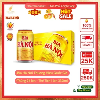 Thùng 24 Lon Bia Hà Nội 330ml Habeco - Hoa Yên Market, Giá ưu đãi 378.000₫, vị đầm êm dịu, màu đẹp