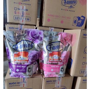 Thùng 4 Túi Nước Giặt FAMOS 3,2L - Công Nghệ Nano Bạc, Khử Mùi, 5x Sức Mạnh, Giá 150.000 VND