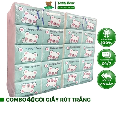 Thùng 40 gói Happy Bear Giấy Rút Lụa Trắng 360 tờ 3 lớp không mùi - Dai dày, mềm mại, chỉ 225.000đ