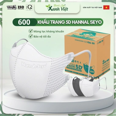 Thùng 600 khẩu trang 5D Hannah Seyo 3 lớp kháng khuẩn, lọc bụi, quai không đau tai - 185.000₫