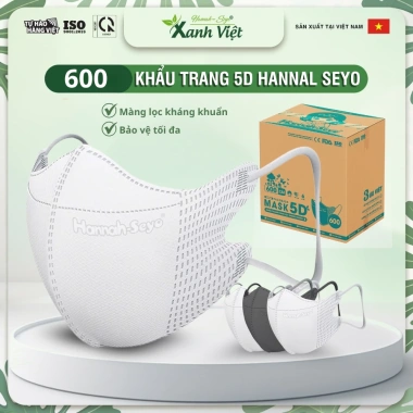 Thùng 600 khẩu trang 5D Hannah Seyo 3 lớp kháng khuẩn, lọc bụi, quai không đau tai - 185.000₫