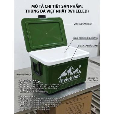 Thùng đá giữ nhiệt 60L 4 bánh xe, lỗ thoát nước – Di chuyển dễ dàng, giá 500k