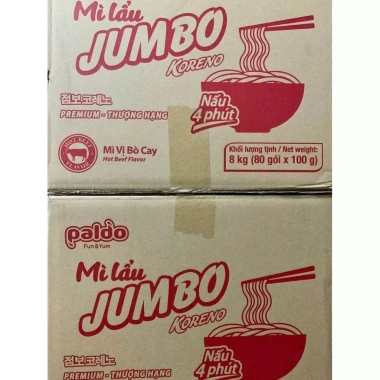 Thùng Mì lẩu Koreno Jumbo 80 gói – Vị Kim Chi & Bò Cay, Giá chỉ 165.620₫ 4 Thùng Mì lẩu Koreno Jumbo 80 gói – Vị Kim Chi & Bò Cay, Giá chỉ 165.620₫ 4