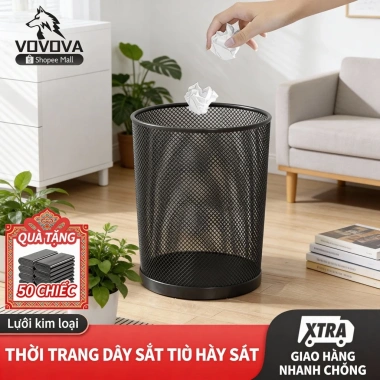 Thùng rác lưới thép đen nướng kim loại, giấy vụn, sọt áo, tặng túi rác - 31.000₫