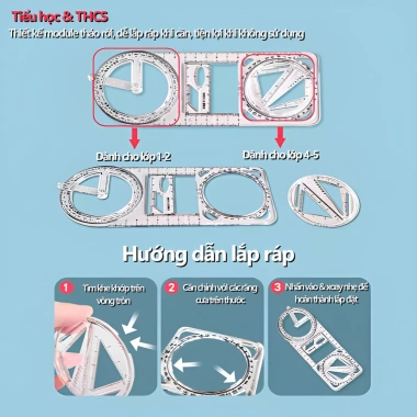 Thước kẻ đa năng 5 trong 1, thước đo hình học xoay 360°, combo học tập 10.900đ