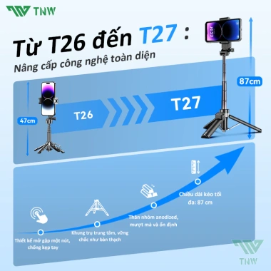 TNW T27 Tripod điện thoại 3 chân, gậy selfie mini có đèn LED, quay 360°, chỉ 259k 2