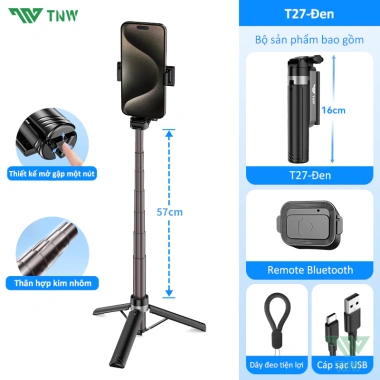 TNW T27 Tripod điện thoại 3 chân, gậy selfie mini có đèn LED, quay 360°, chỉ 259k 10