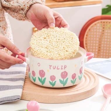 Tô Ăn Mì Bát Úp Gốm Sứ Đa Năng Có Nắp Đậy Hoa Tulip Giá 111.000 VND