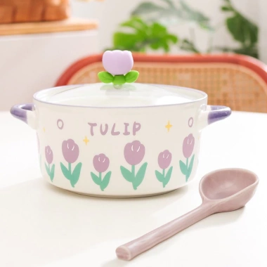 Tô Ăn Mì Bát Úp Gốm Sứ Đa Năng Có Nắp Đậy Hoa Tulip Giá 111.000 VND