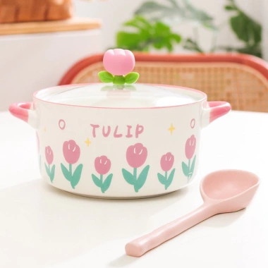 Tô Ăn Mì Bát Úp Gốm Sứ Đa Năng Có Nắp Đậy Hoa Tulip Giá 111.000 VND