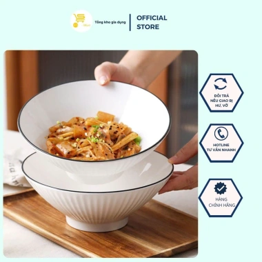 Tô Sứ Trắng Viền Đen Cao Cấp - Bát Mì Ramen Loe, Giá ưu đãi 24.000đ - MTA-MART2