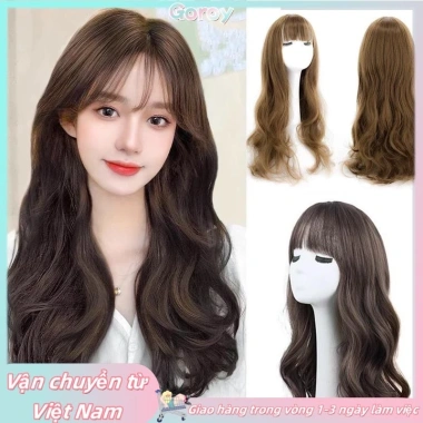 Tóc giả nữ dài sóng lớn xoăn Air Bangs màu đen tự nhiên, giao hàng tận nơi
