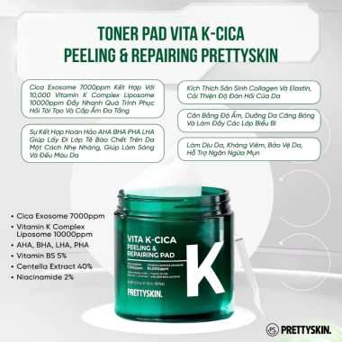 Toner Pad Vita K Cica Prettyskin - Dưỡng ẩm, làm dịu da, ngừa mụn, da căng bóng