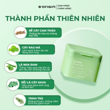 Toner Pads Teatree B'origin 160ml 80 miếng – Giảm kích ứng, sạch sâu da nhạy cảm, chỉ 250.000₫
