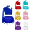 Trang phục khiêu vũ bé gái kim cương giả, crop top, lông vũ, quần đùi - độc đáo