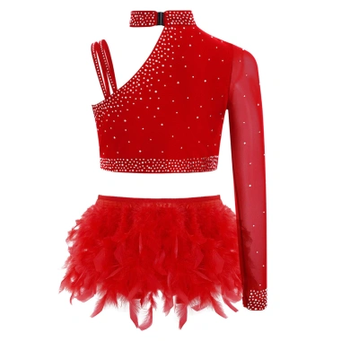 Trang phục khiêu vũ bé gái kim cương giả, crop top, lông vũ, quần đùi - độc đáo