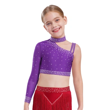 Trang phục khiêu vũ bé gái kim cương giả, crop top, lông vũ, quần đùi - độc đáo