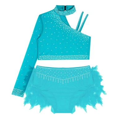 Trang phục khiêu vũ bé gái kim cương giả, crop top, lông vũ, quần đùi - độc đáo