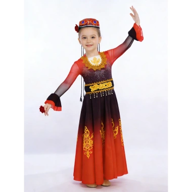 Trang phục khiêu vũ gái Nyeemya – Váy gradient kim cương giả, tay dài, thắt lưng, mũ hoa
