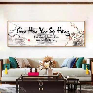 Tranh Canvas Thư Pháp GIA HÒA VẠN SỰ HƯNG - Mẫu mới, treo phòng khách, khu trà, giá ưu đãi 391k