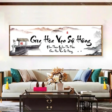 Tranh Canvas Thư Pháp GIA HÒA VẠN SỰ HƯNG - Mẫu mới, treo phòng khách, khu trà, giá ưu đãi 391k