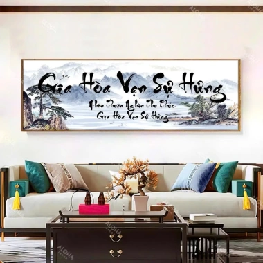 Tranh Canvas Thư Pháp GIA HÒA VẠN SỰ HƯNG - Mẫu mới, treo phòng khách, khu trà, giá ưu đãi 391k