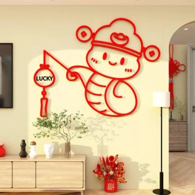 Tranh dán tường mica Năm Tỵ Rắn Happy Lucky - Trang trí Tết, năm mới, phòng khách, hoa mai đào 2