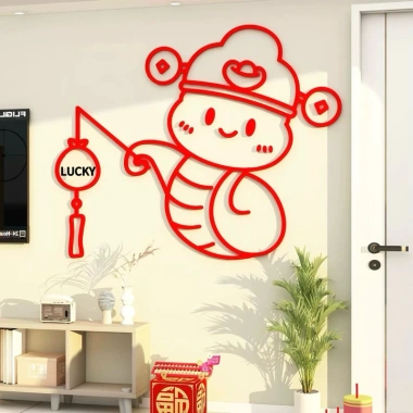 Tranh dán tường mica Năm Tỵ Rắn Happy Lucky - Trang trí Tết, năm mới, phòng khách, hoa mai đào 3