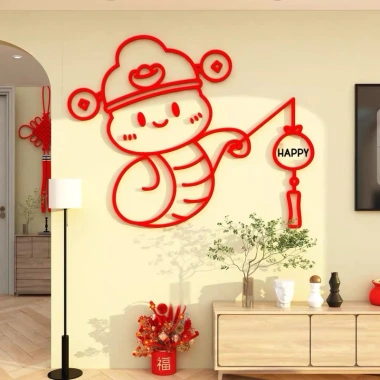 Tranh dán tường mica Năm Tỵ Rắn Happy Lucky - Trang trí Tết, năm mới, phòng khách, hoa mai đào 4