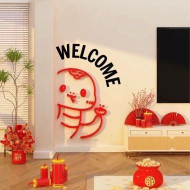 Tranh dán tường mica Năm Tỵ Rắn Happy Lucky - Trang trí Tết, năm mới, phòng khách, hoa mai đào 6